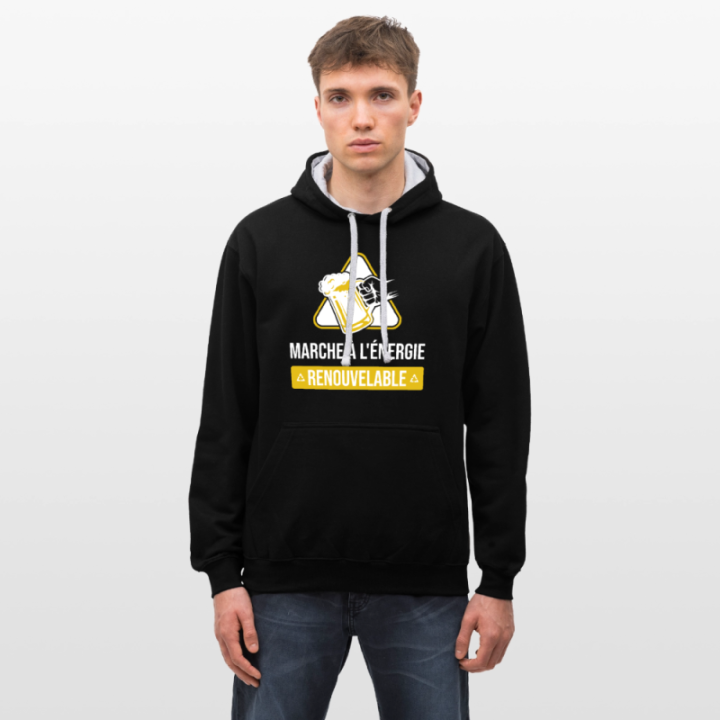 Sweat-shirt à capuche contrasté unisexe - Marche à l'énergie renouvelable - noir/gris chiné - front