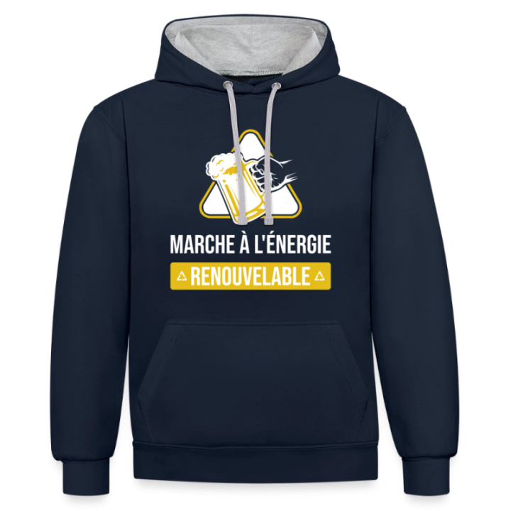 Sweat-shirt à capuche contrasté unisexe - Marche à l'énergie renouvelable - bleu marine/gris chiné - front