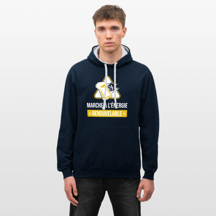 Sweat-shirt à capuche contrasté unisexe - Marche à l'énergie renouvelable - bleu marine/gris chiné - front