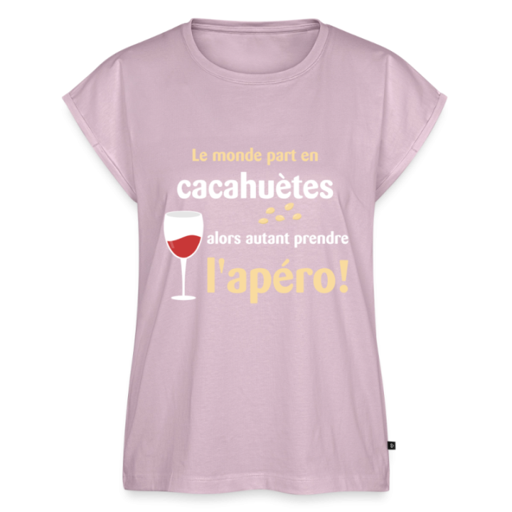T-shirt à manches retroussées femme - Le monde part en cacahuètes - rose poudré - front