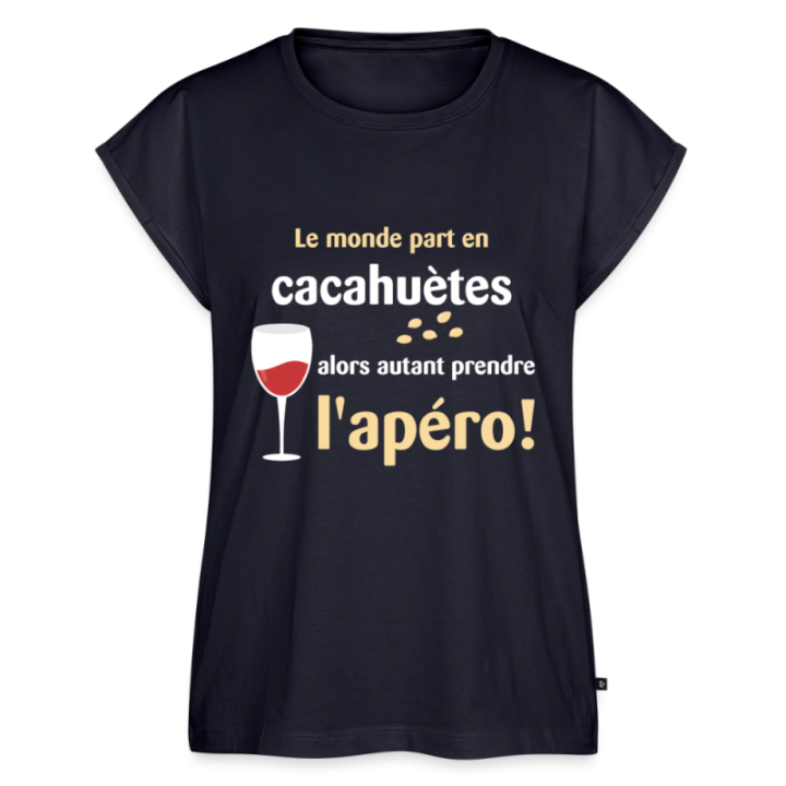 T-shirt à manches retroussées femme - Le monde part en cacahuètes - bleu marine - front