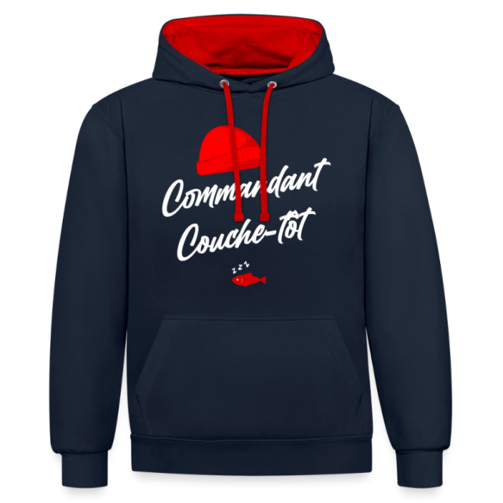 Sweat-shirt à capuche contrasté unisexe - Commandant Couche-tôt - bleu marine/rouge - front