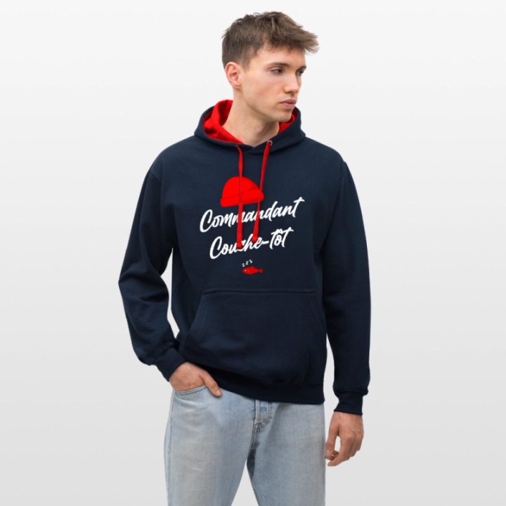 Sweat-shirt à capuche contrasté unisexe - Commandant Couche-tôt - bleu marine/rouge - front