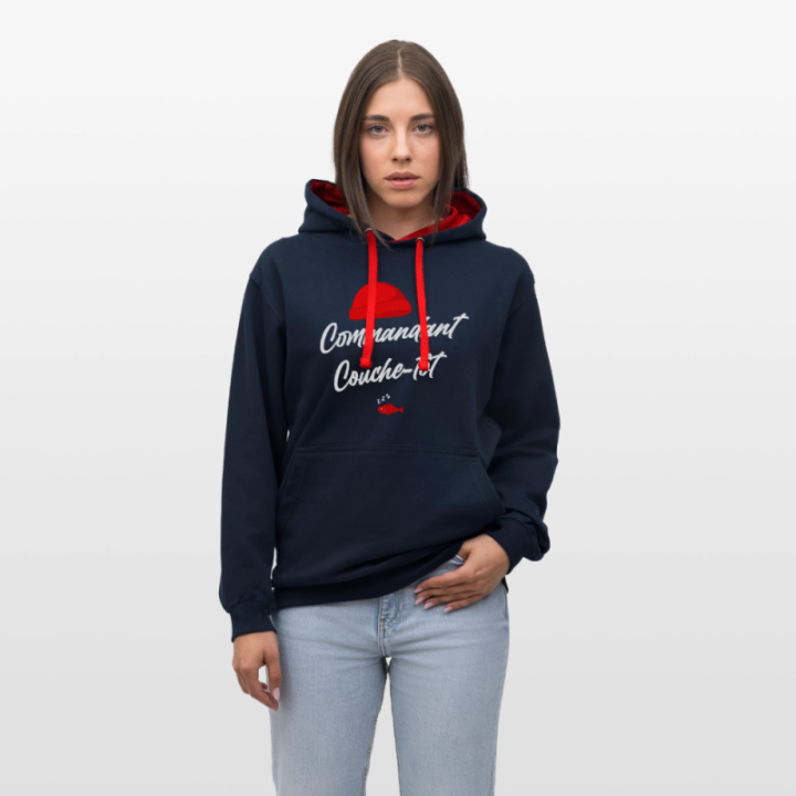 Sweat-shirt à capuche contrasté unisexe - Commandant Couche-tôt - bleu marine/rouge - front