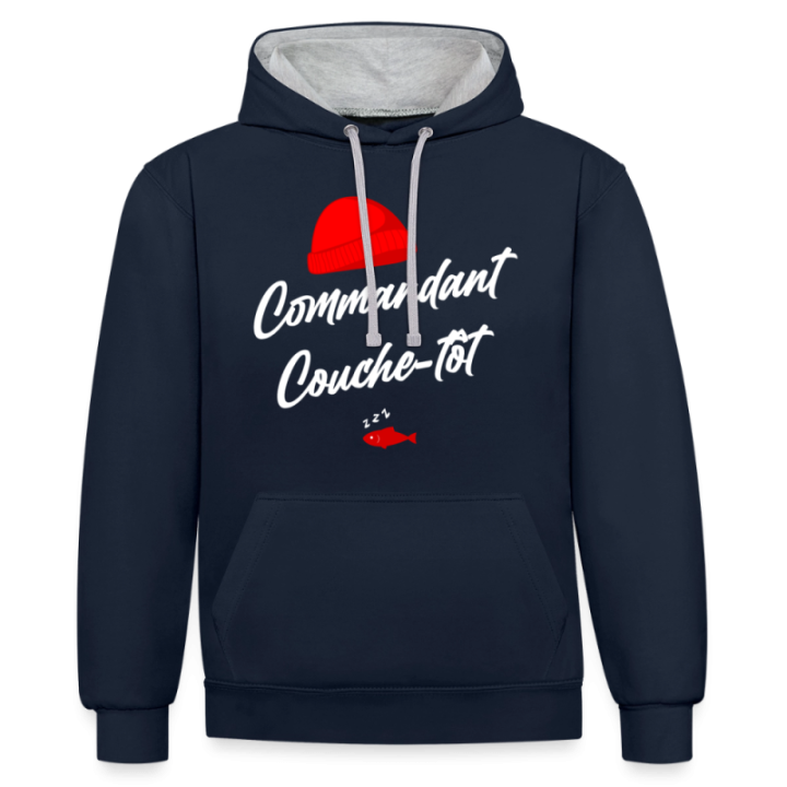 Sweat-shirt à capuche contrasté unisexe - Commandant Couche-tôt - bleu marine/gris chiné - front