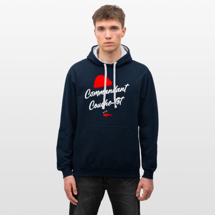 Sweat-shirt à capuche contrasté unisexe - Commandant Couche-tôt - bleu marine/gris chiné - front