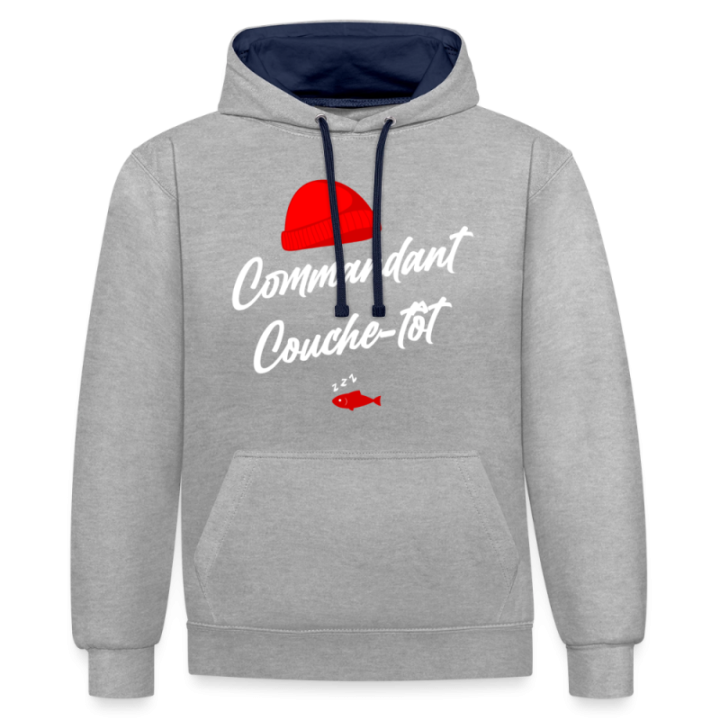 Sweat-shirt à capuche contrasté unisexe - Commandant Couche-tôt - gris chiné/bleu marine - front