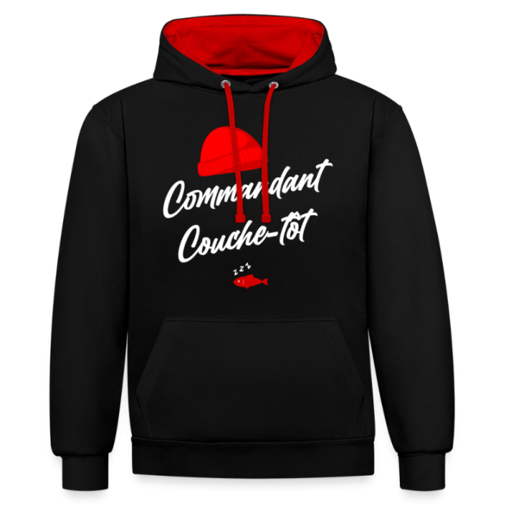 Sweat-shirt à capuche contrasté unisexe - Commandant Couche-tôt - noir/rouge - front