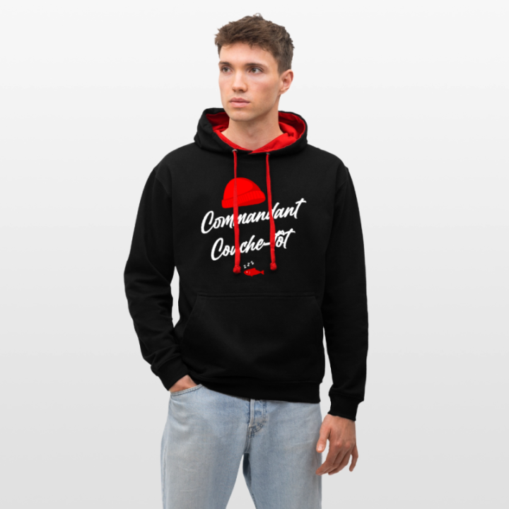 Sweat-shirt à capuche contrasté unisexe - Commandant Couche-tôt - noir/rouge - front