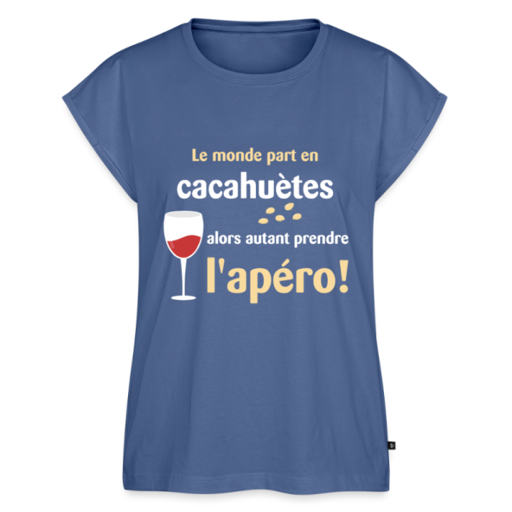 T-shirt à manches retroussées femme - Le monde part en cacahuètes - bleu pigeon - front