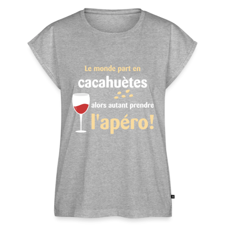 T-shirt à manches retroussées femme - Le monde part en cacahuètes - gris chiné - front