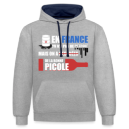 Sweat-shirt à capuche contrasté unisexe - En france on a pas de pétrole - gris chiné/bleu marine - front