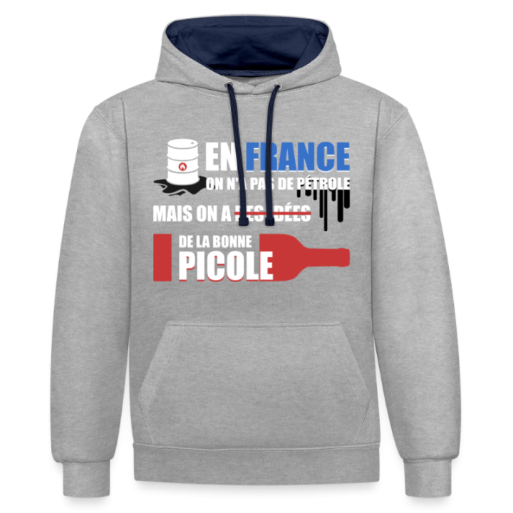 Sweat-shirt à capuche contrasté unisexe - En france on a pas de pétrole - gris chiné/bleu marine - front