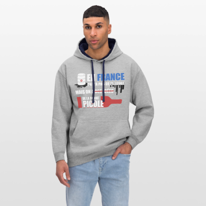 Sweat-shirt à capuche contrasté unisexe - En france on a pas de pétrole - gris chiné/bleu marine - front
