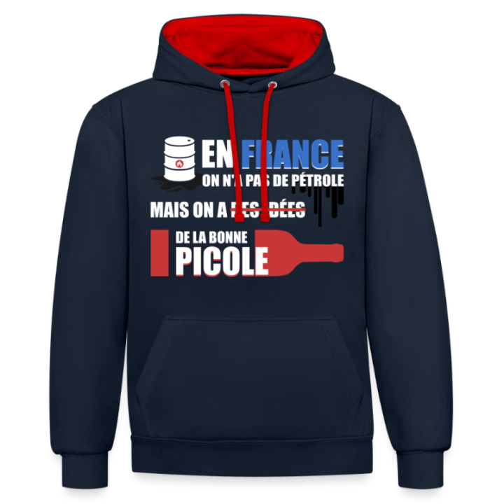 Sweat-shirt à capuche contrasté unisexe - En france on a pas de pétrole - bleu marine/rouge - front