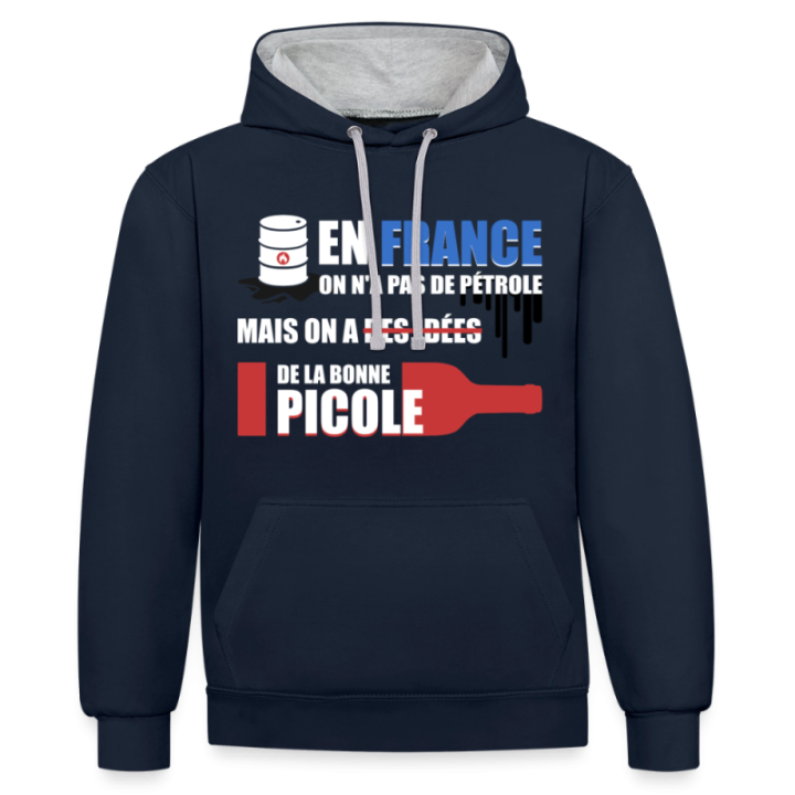 Sweat-shirt à capuche contrasté unisexe - En france on a pas de pétrole - bleu marine/gris chiné - front