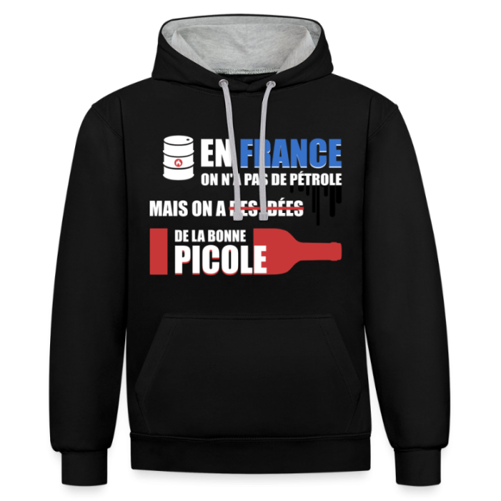 Sweat-shirt à capuche contrasté unisexe - En france on a pas de pétrole - noir/gris chiné - front