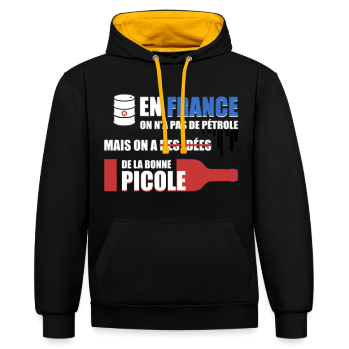 Sweat-shirt à capuche contrasté unisexe - En france on a pas de pétrole - noir/or - front