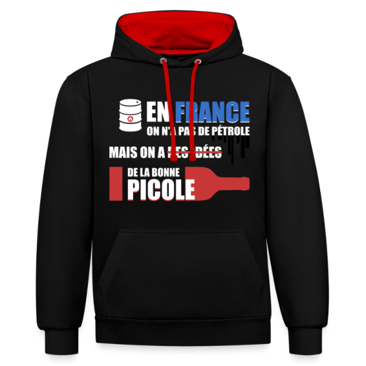 Sweat-shirt à capuche contrasté unisexe - En france on a pas de pétrole - noir/rouge - front