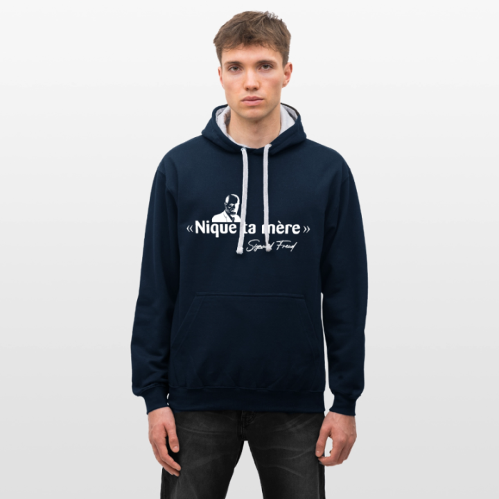 Sweat-shirt à capuche contrasté unisexe - Freud - bleu marine/gris chiné - front