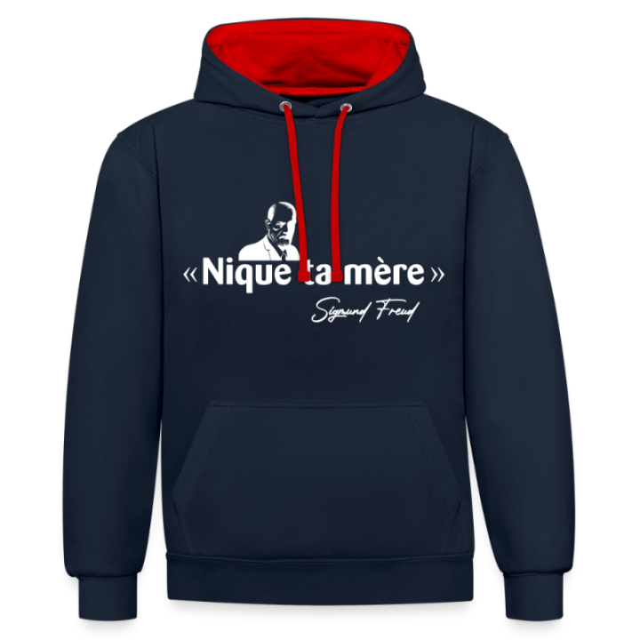 Sweat-shirt à capuche contrasté unisexe - Freud - bleu marine/rouge - front