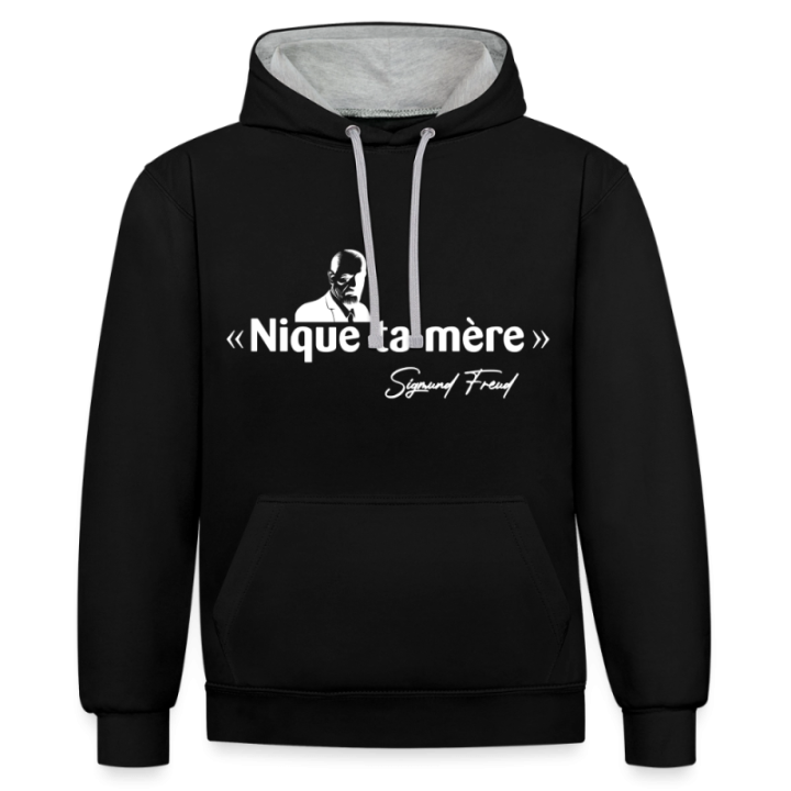 Sweat-shirt à capuche contrasté unisexe - Freud - noir/gris chiné - front