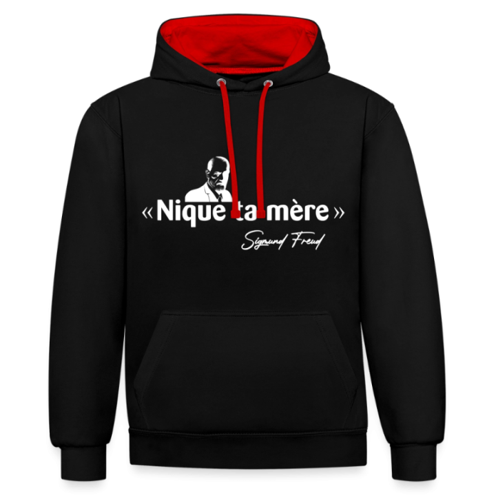 Sweat-shirt à capuche contrasté unisexe - Freud - noir/rouge - front