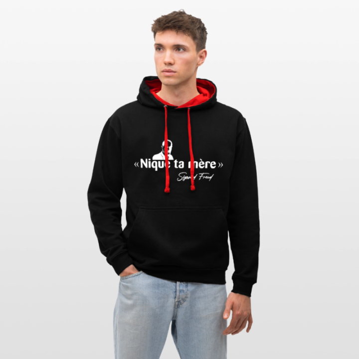Sweat-shirt à capuche contrasté unisexe - Freud - noir/rouge - front