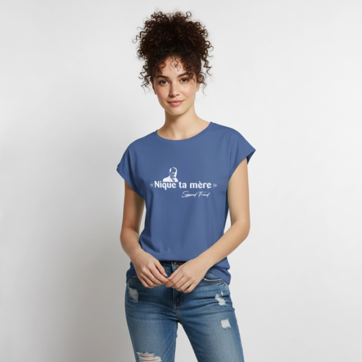 T-shirt à manches retroussées femme - Freud - bleu pigeon - front
