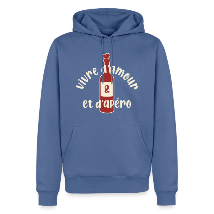 Sweat-shirt à capuche premium homme - Vivre d'amour et d'apéro - bleu pigeon - front