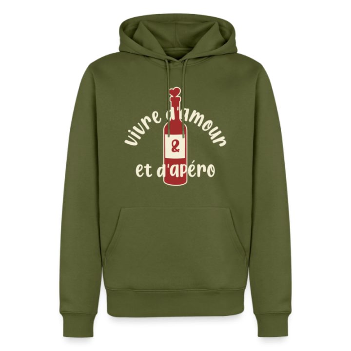 Sweat-shirt à capuche premium homme - Vivre d'amour et d'apéro - kaki - front