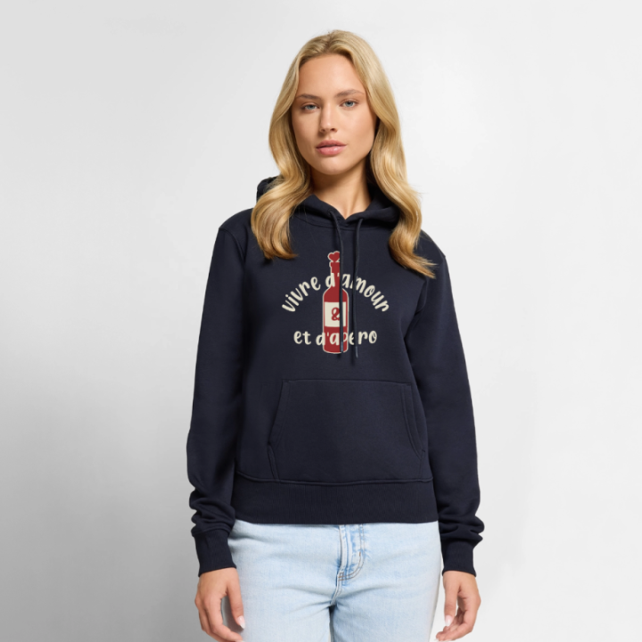 Sweat-shirt à capuche premium femme - Vivre d'amour et d'apéro - bleu marine - front