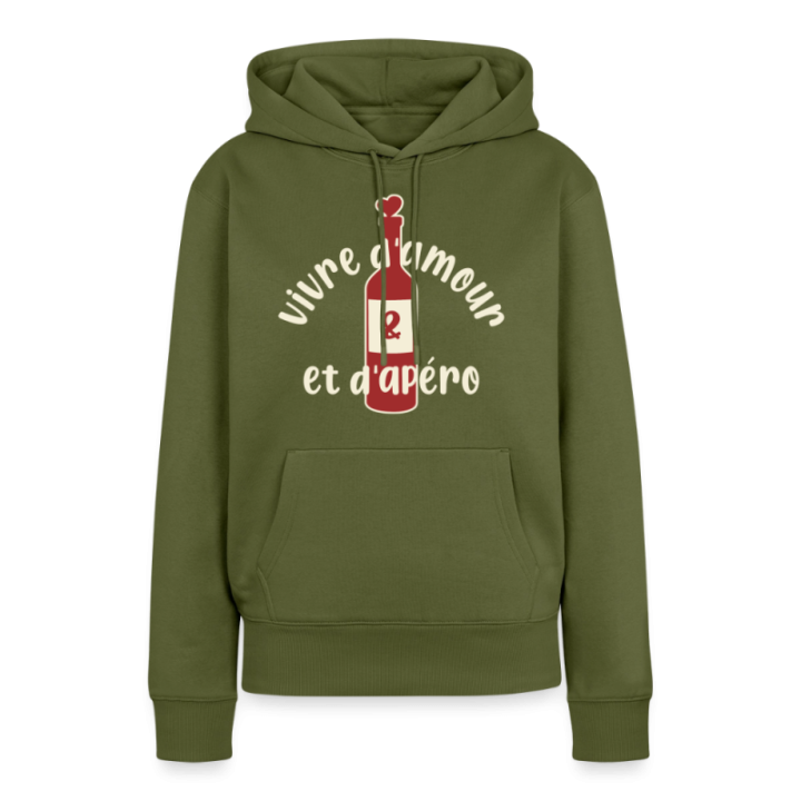 Sweat-shirt à capuche premium femme - Vivre d'amour et d'apéro - kaki - front