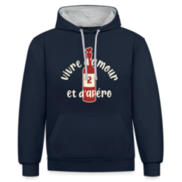 Sweat-shirt à capuche contrasté unisexe - Vivre d'amour et d'apéro - bleu marine/gris chiné - front