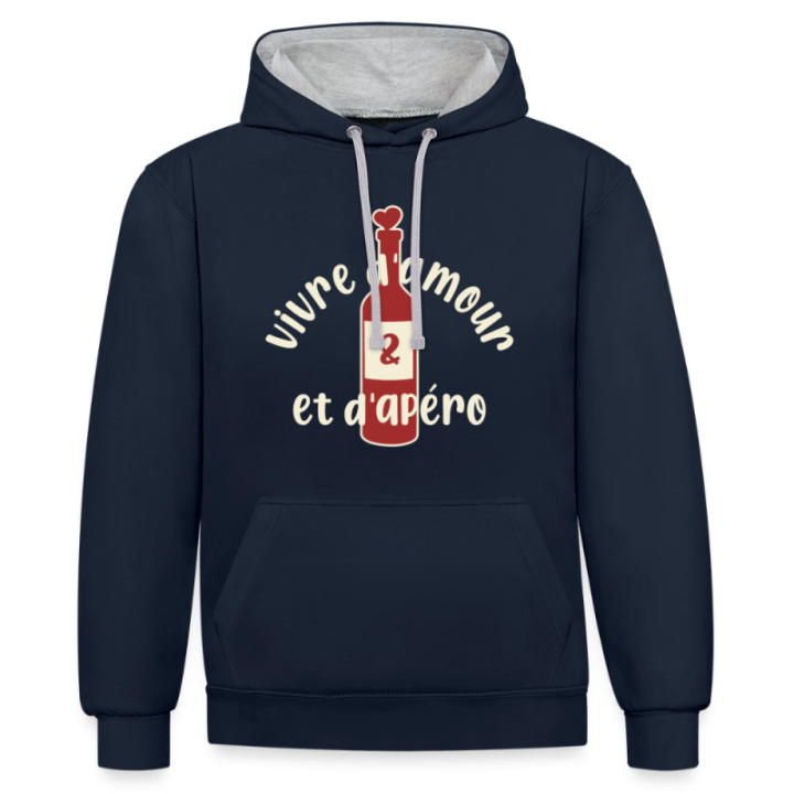 Sweat-shirt à capuche contrasté unisexe - Vivre d'amour et d'apéro - bleu marine/gris chiné - front