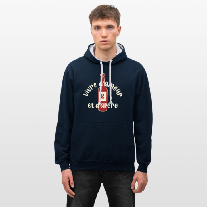 Sweat-shirt à capuche contrasté unisexe - Vivre d'amour et d'apéro - bleu marine/gris chiné - front