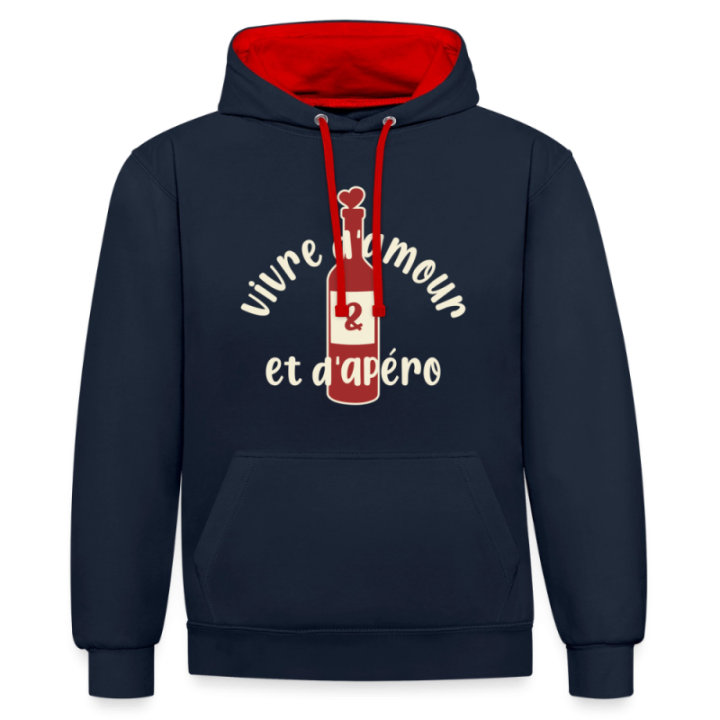 Sweat-shirt à capuche contrasté unisexe - Vivre d'amour et d'apéro - bleu marine/rouge - front