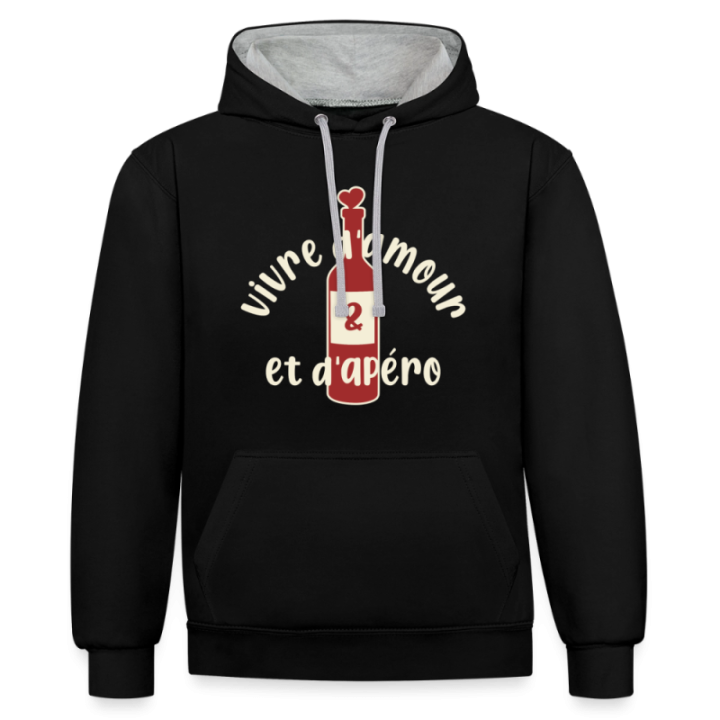Sweat-shirt à capuche contrasté unisexe - Vivre d'amour et d'apéro - noir/gris chiné - front