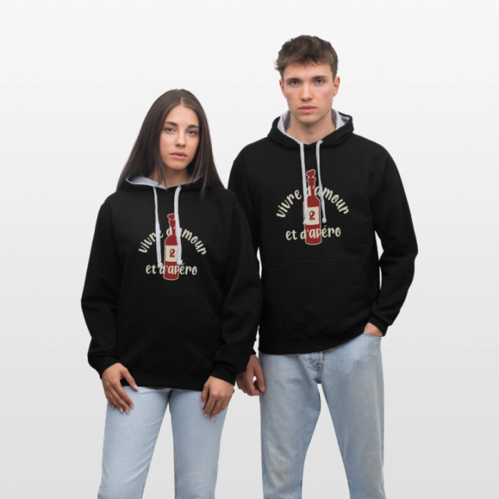 Sweat-shirt à capuche contrasté unisexe - Vivre d'amour et d'apéro - noir/gris chiné - front