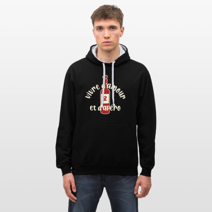 Sweat-shirt à capuche contrasté unisexe - Vivre d'amour et d'apéro - noir/gris chiné - front