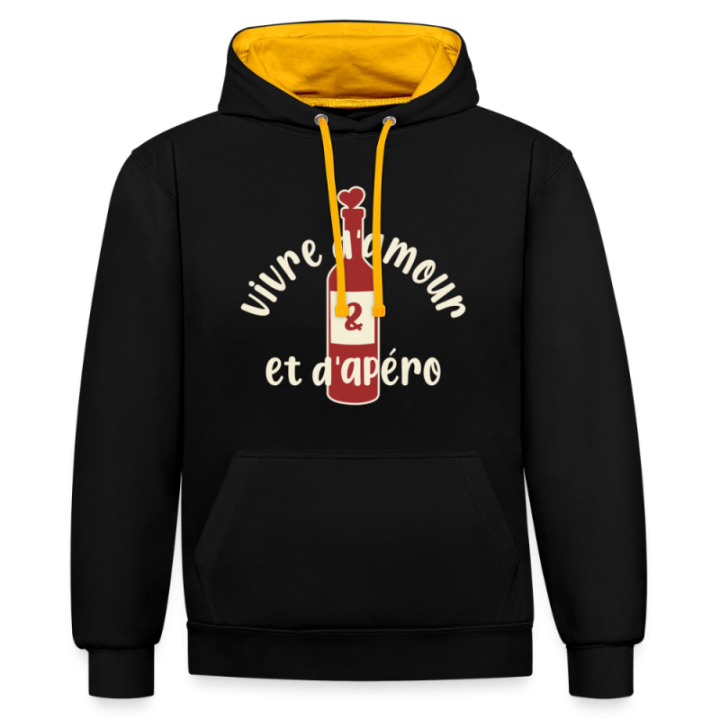 Sweat-shirt à capuche contrasté unisexe - Vivre d'amour et d'apéro - noir/or - front