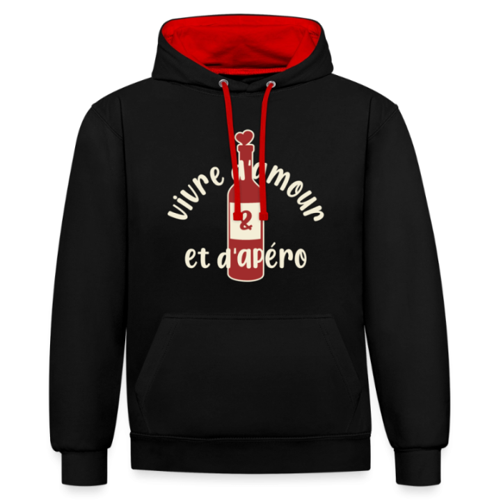 Sweat-shirt à capuche contrasté unisexe - Vivre d'amour et d'apéro - noir/rouge - front