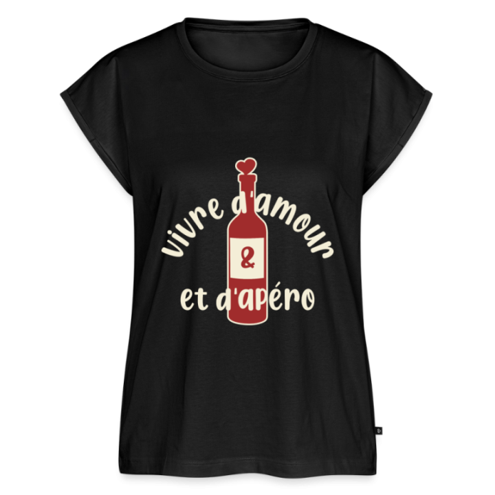 T-shirt à manches retroussées femme - Vivre d'amour et d'apéro - noir - front