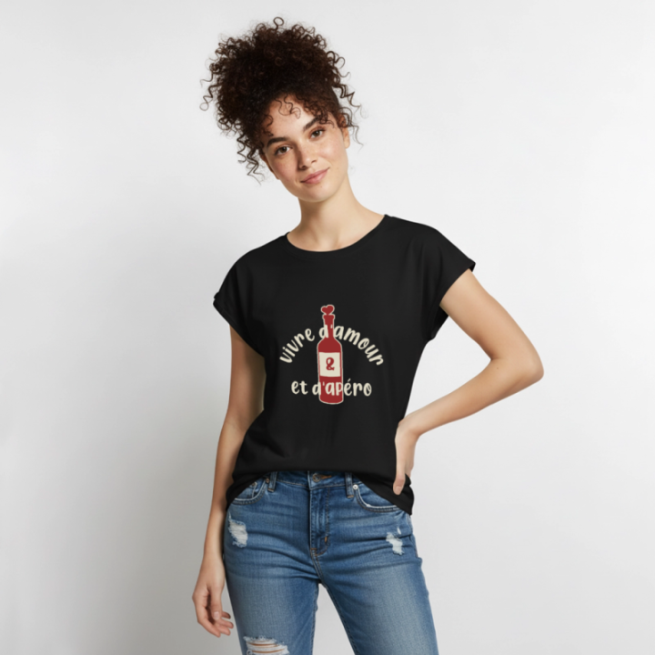 T-shirt à manches retroussées femme - Vivre d'amour et d'apéro - noir - front