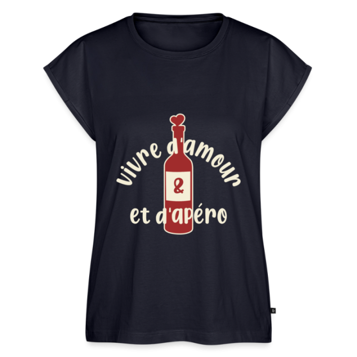 T-shirt à manches retroussées femme - Vivre d'amour et d'apéro - bleu marine - front