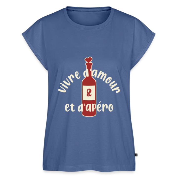 T-shirt à manches retroussées femme - Vivre d'amour et d'apéro - bleu pigeon - front