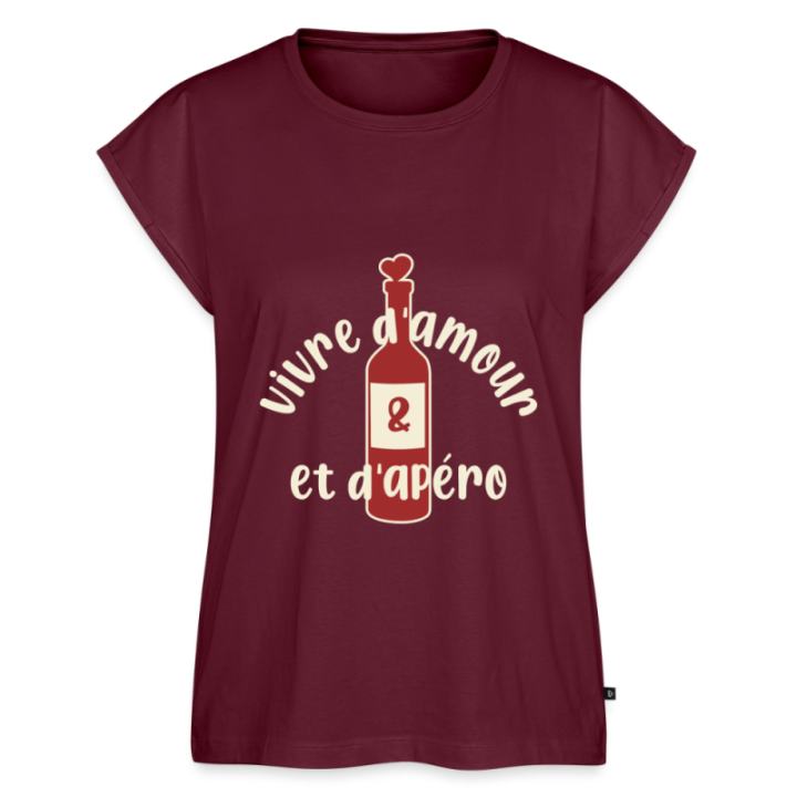 T-shirt à manches retroussées femme - Vivre d'amour et d'apéro - bourgogne - front