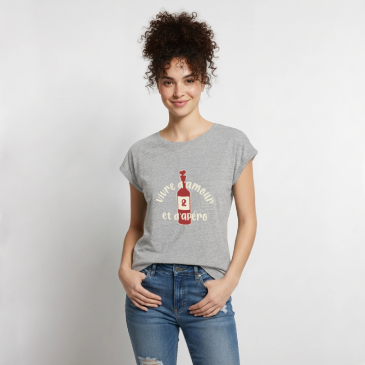 T-shirt à manches retroussées femme - Vivre d'amour et d'apéro - gris chiné - front