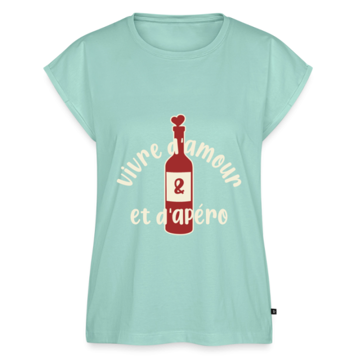 T-shirt à manches retroussées femme - Vivre d'amour et d'apéro - menthe  - front