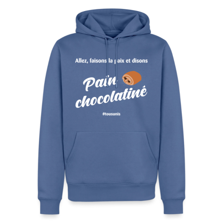 Sweat-shirt à capuche premium homme - Pain au chocolat Vs Chocolatine - bleu pigeon - front